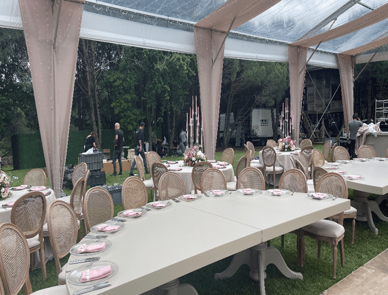 Outdoor wedding reception setup with table styling and decoration in Bodrum
