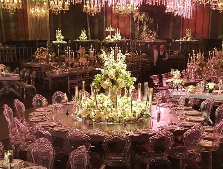 Luxury evening event decoration with chandeliers and floral centerpieces in Bodrum