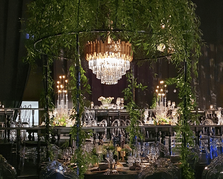 Luxury event dinner decoration with chandelier and floral design in Bodrum