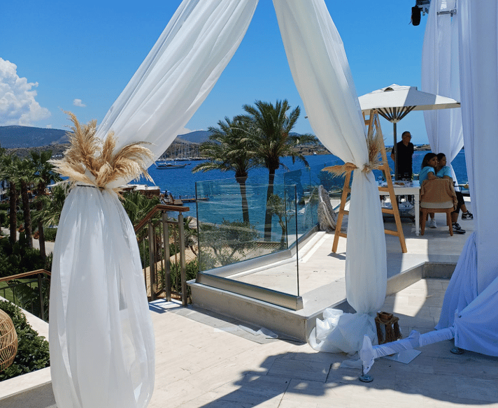 Luxury beach wedding setup with elegant decoration in Bodrum