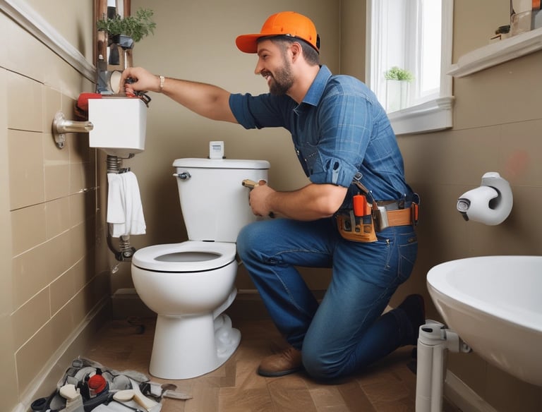 A person is standing on a ladder leaning against a building facade, appearing to perform maintenance or repairs on a window or the wall. The building has several windows and an entrance canopy. The image is in black and white, giving it a classic, timeless feel.
