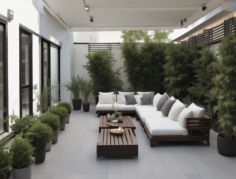 A completed outdoor space featuring landscaping and seating areas.