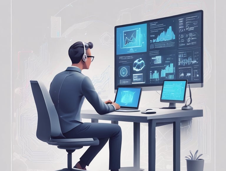 Large blue letters 'AI' stand prominently on a surface covered with a pattern of hexagonal shapes. Dark swirling lines intersect around the letters, creating a sense of motion and complexity. The background has a metallic sheen with a futuristic, digital style.