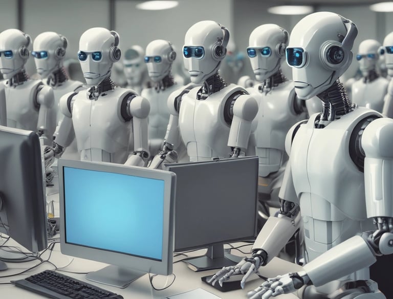 Four small, white robot figures are sitting in a row, each with a laptop in front of them. They have round bodies and blue accents, with 'AI' displayed on their chests. The background is minimal and light gray, emphasizing the robots and their computers.