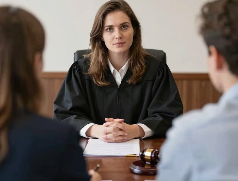 A professional lawyer calmly discussing legal documents with a client in a modern office.