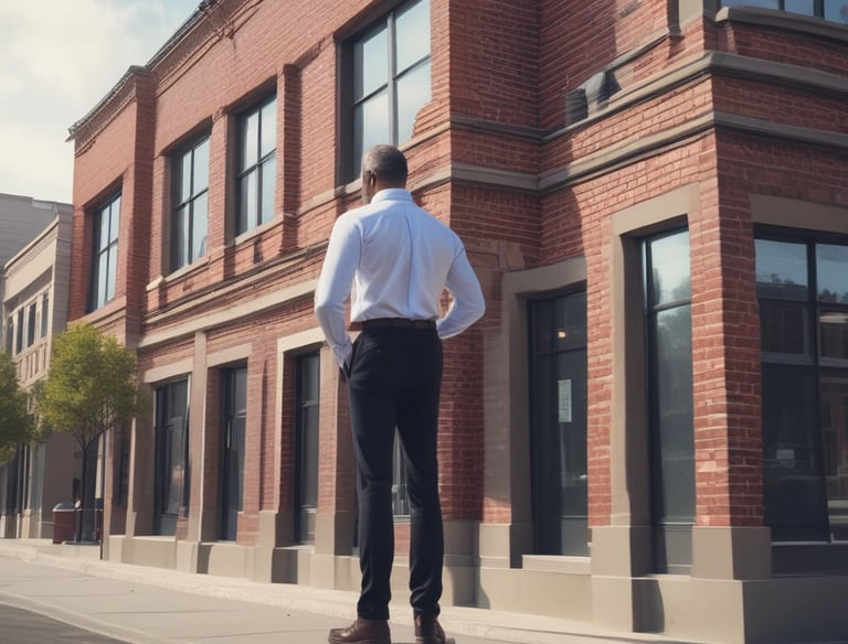 Residential buildings in the foreground with a scenic backdrop of rugged mountains bathed in the soft light of either sunrise or sunset.