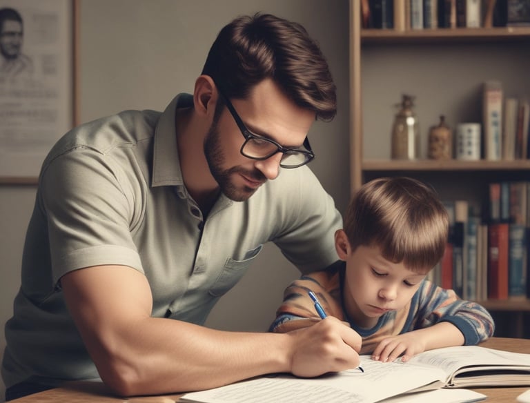 A man and a young boy who needs help with doing homework