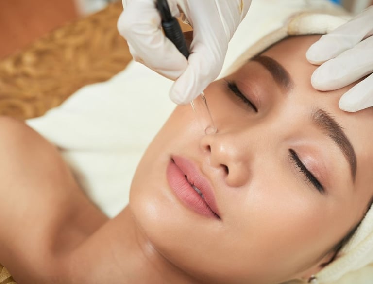 a woman getting a skin booster treatment by someone wearing a glove using a microneedling pen