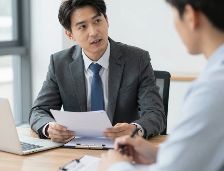 A professional consultant discussing company formation documents with clients in an office.
