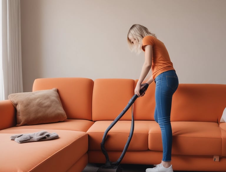 A person is seen cleaning a beige leather sofa with a yellow cloth. The individual is wearing a plaid shirt and a watch. The background includes a beige couch with cushions and a plant, indicating a living room setting.