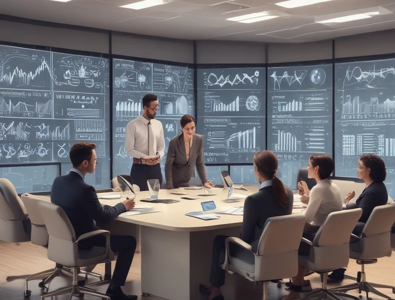 Sunlight streams through overhead beams, casting shadows on a wall featuring a prominent sign with bold red letters stating 'GOOD BUSINESS'. The environment appears to be indoors with modern architectural elements and minimalistic decor. Potted plants and furniture create a relaxed, professional atmosphere.