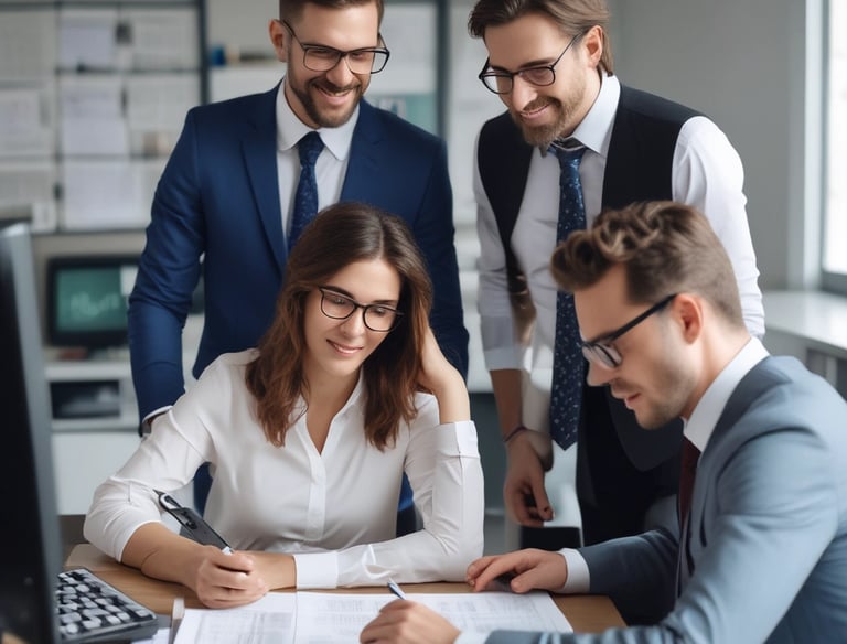 Sunlight streams through overhead beams, casting shadows on a wall featuring a prominent sign with bold red letters stating 'GOOD BUSINESS'. The environment appears to be indoors with modern architectural elements and minimalistic decor. Potted plants and furniture create a relaxed, professional atmosphere.