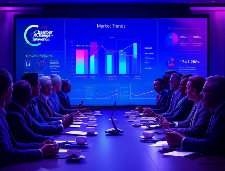 a conference room with a large screen displaying a presentation
