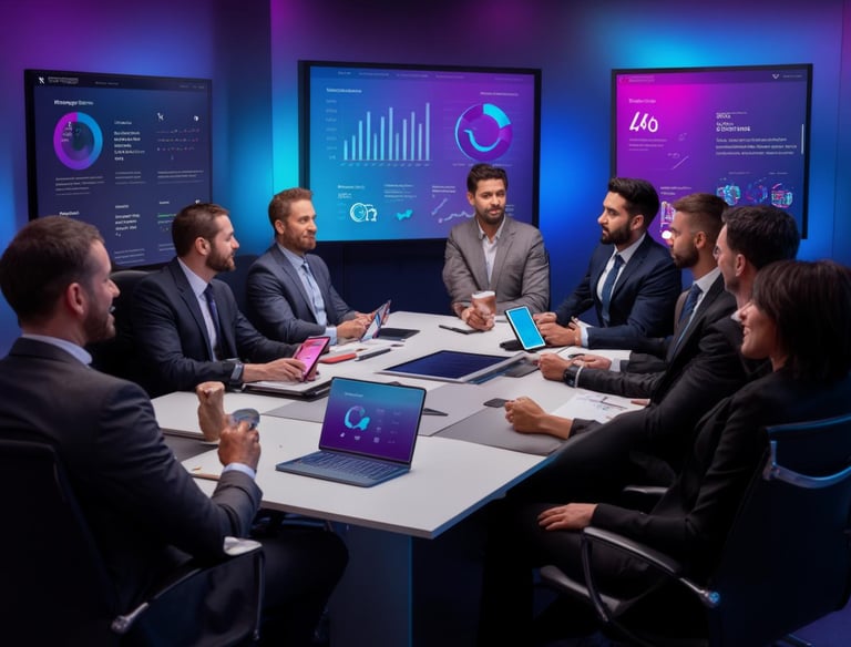 a group of people sitting around a table with laptops