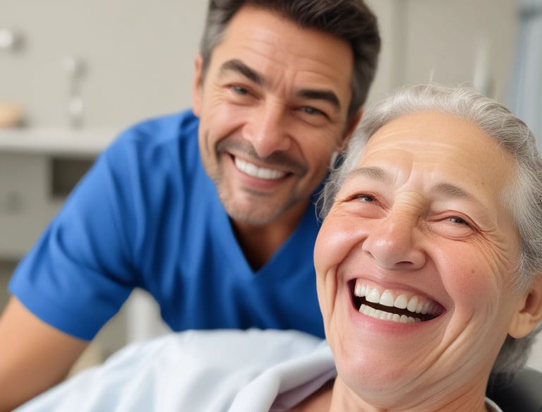 A dental professional is wearing a mask and a blue surgical cap adorned with dental-themed prints. She is looking back towards the camera in a dental clinic setting. Another person in a white uniform is seated in the background near dental equipment. The room is bright and clean, featuring dental chairs and tools.