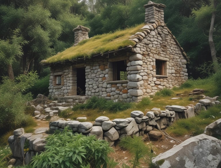 An aerial view of a rural property featuring multiple buildings, including barns and a few agricultural structures, surrounded by dirt and grassy areas. The image also shows several parked vehicles and large trees casting shadows across the landscape.