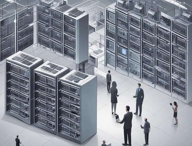 A person is typing on a silver laptop with a screen displaying text about designing digital solutions for big customers. Nearby, there is a black smartphone and white earphones placed on the desk. The person's sleeves are light blue, suggesting a casual attire.