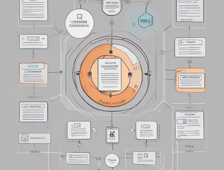 A workspace featuring a large monitor displaying code in front of a window with closed blinds. Below the monitor is a laptop open to a webpage about a developer event. On either side of the monitor are yellow studio speakers. Various items like cables, a microphone, and a book are arranged on the desk.