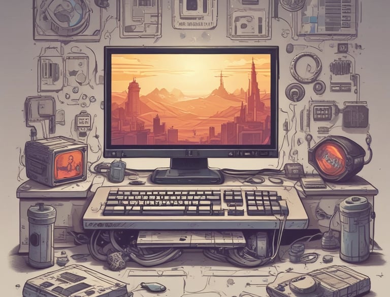 A person is typing on a silver laptop with a screen displaying text about designing digital solutions for big customers. Nearby, there is a black smartphone and white earphones placed on the desk. The person's sleeves are light blue, suggesting a casual attire.