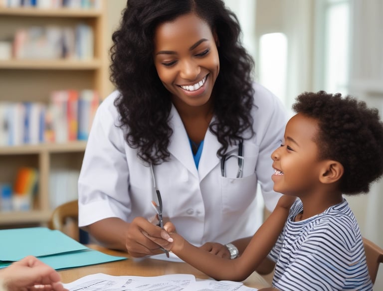 A healthcare professional is administering a vaccine to a young child while a woman, possibly the child's mother, holds the child on her lap. The child is focused on the procedure, and the healthcare provider is smiling, wearing a shirt with colorful heart patterns.