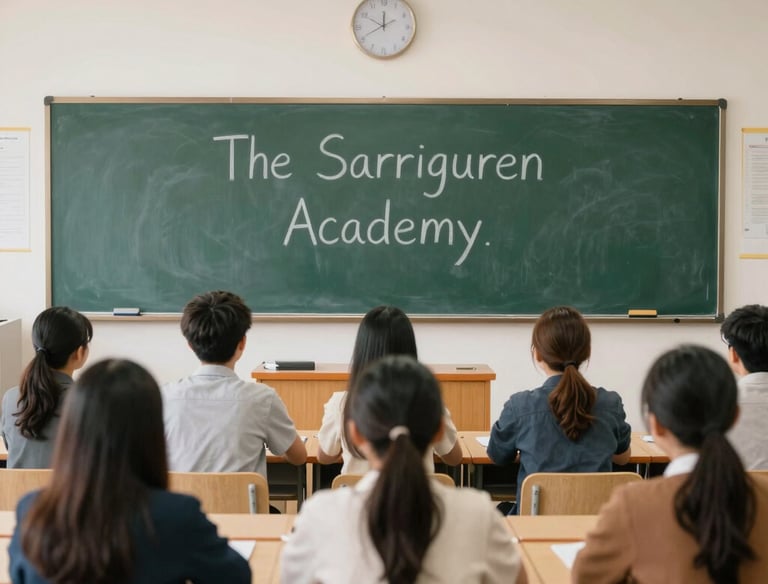 Students sit at desks in a classroom facing a chalkboard that reads The Sarriguren Academy.
