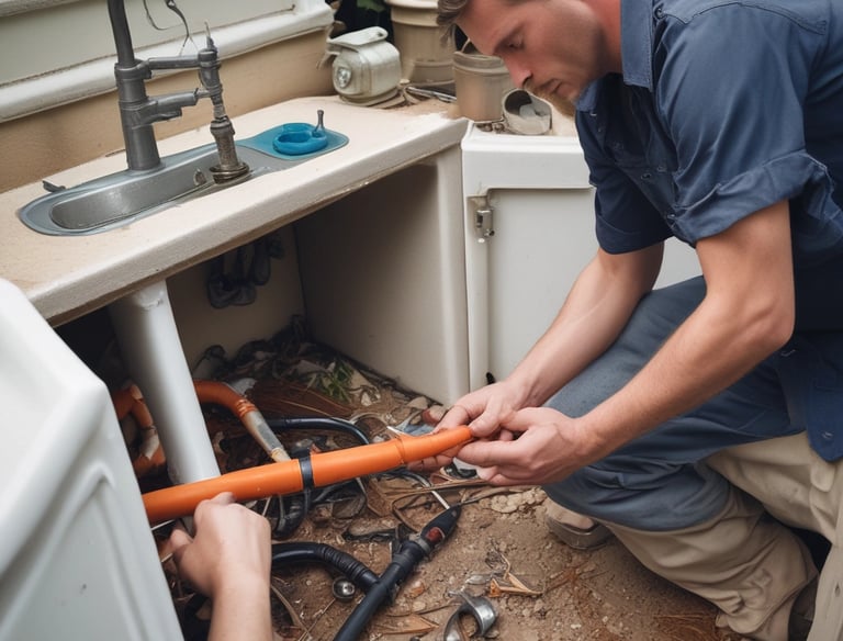 A plumber using a drain snake to clear a clogged pipe.