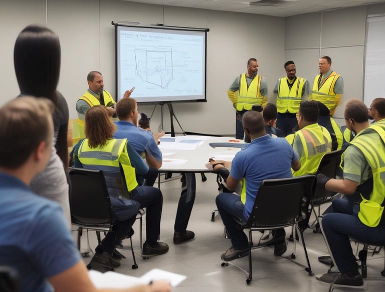 A group of people wearing reflective safety gear stand in front of a row of large trucks. The scene is set outdoors with coniferous trees in the background. The individuals are evenly spaced and seem to be part of a work crew, possibly for construction or transportation.