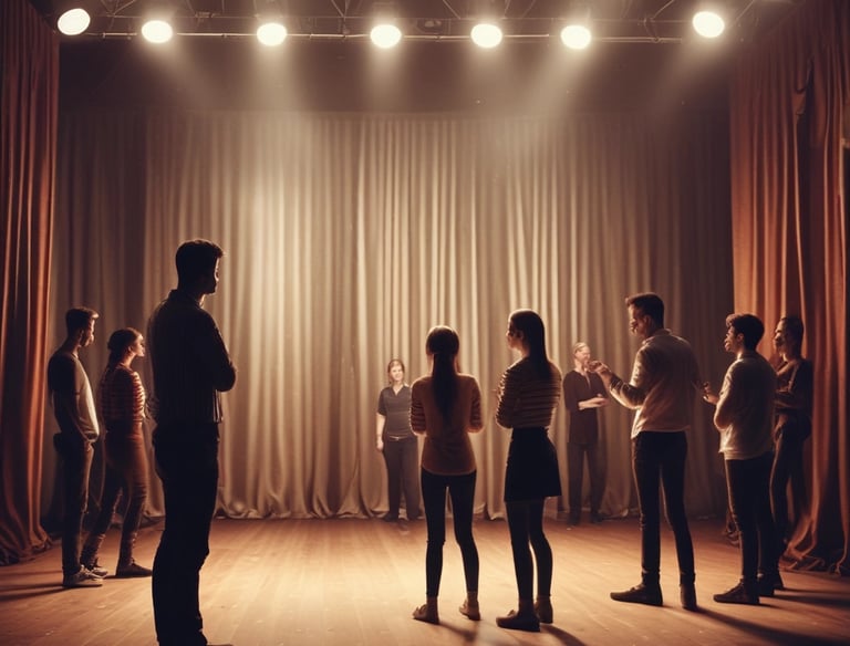 A dynamic workshop session with actors engaging in emotional exercises.