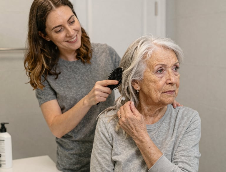An elderly person sits at a dining table, holding a cup. The table is set with various dishes, pastries, and cups, indicating a meal. The environment appears cozy with natural light coming in through a window, and a houseplant is visible in the background.