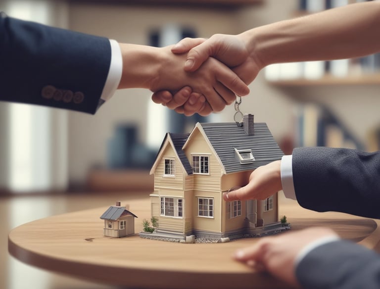 A welcoming office space with a team of professionals discussing real estate options.