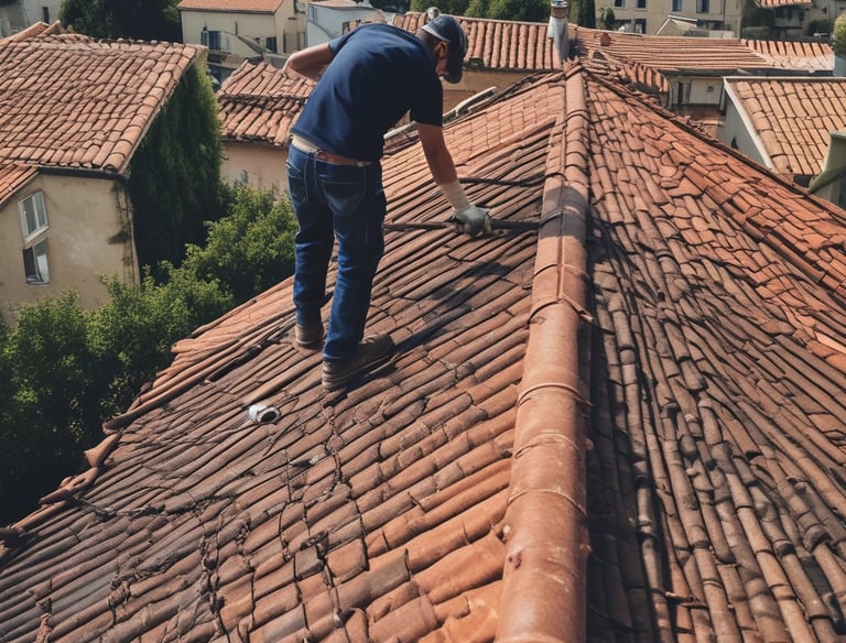 A person is sitting on a rooftop while holding a coiled tool, possibly working on a metal chimney. The roof has a slightly weathered appearance with dark tiles.