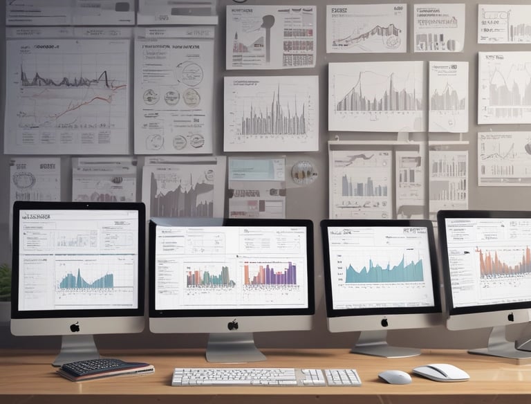 An office setting with charts and graphs displayed on a large screen.