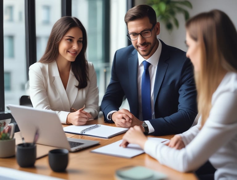 a man and woman sitting at a table with laptops