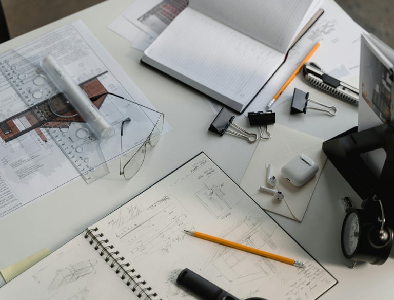 Carnet de croquis avec dessin de façade, plans d'architecte et lunettes sur un bureau en bois