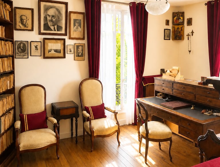 Bureau en bois de Nicolas Berdiaev à Clamart avec portraits au mur, fauteuils et bibliothèque.