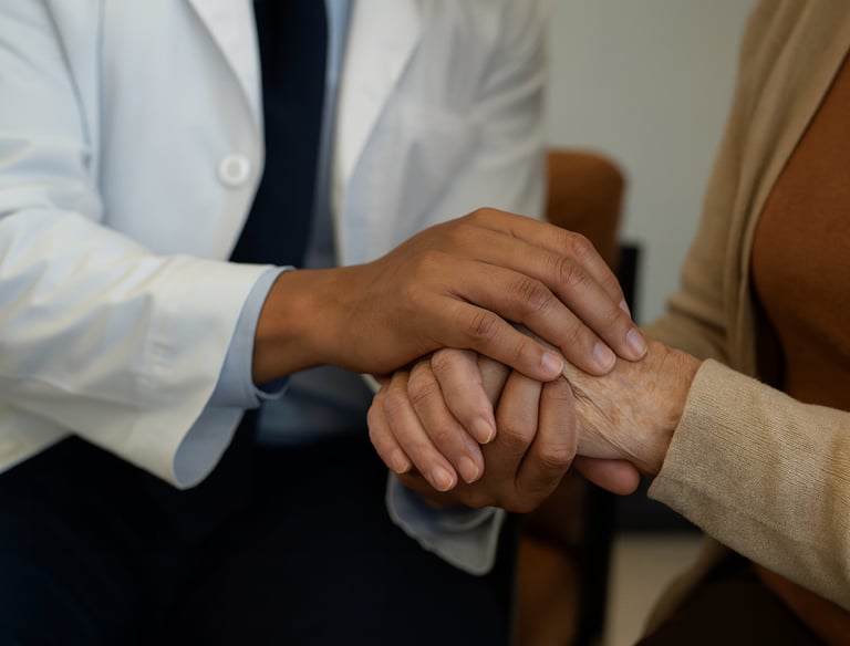 Neurology provider offering supportive care, holding a patient’s hand during consultation.