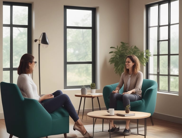 A textured, woven surface with a pastel-colored book titled 'Explore Your Inner World for Happiness & Growth' is accompanied by a glass cup filled with light-colored tea. A few white tulips with green leaves provide an elegant touch.
