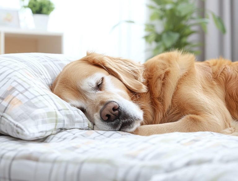 a dog is sleeping on a bed with a pillow