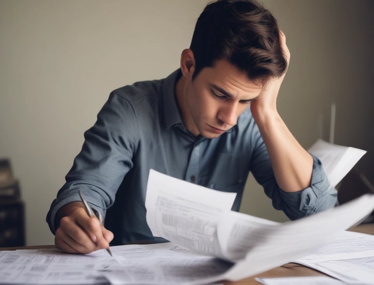 A young man that is looking over bills and is stressed out.