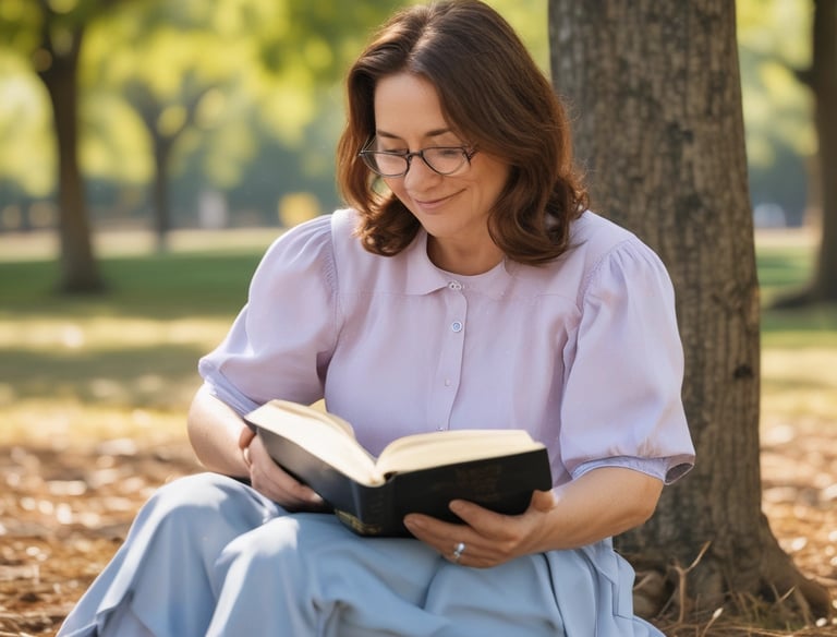 A middle aged woman reading her bible in the park