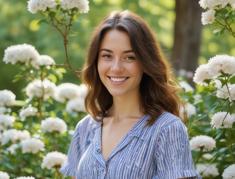 A young woman smiling in a field of flowers.