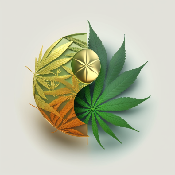 yin and cannabis leaf in gold