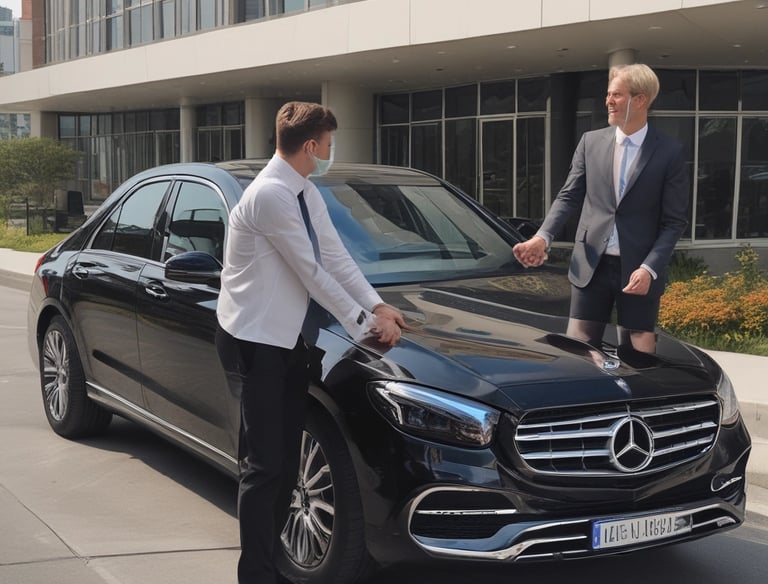 A pink taxi with environmental advertising is driving on a city street. The vehicle has the words 'This cab is green' on its side, promoting renewable electricity from a company called Bulb. The street is lined with traditional European architecture buildings, and there are pedestrians walking by an urgent care center.