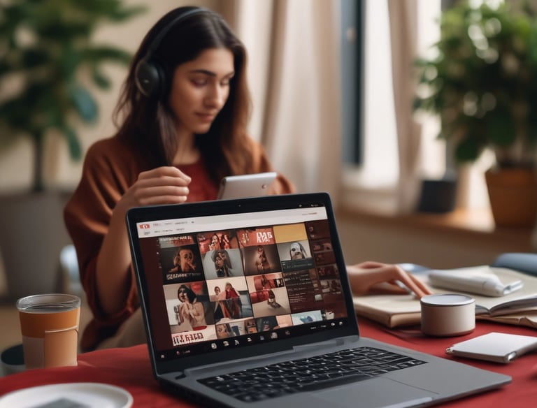 a woman sitting at a table with a laptop and a cup of coffee