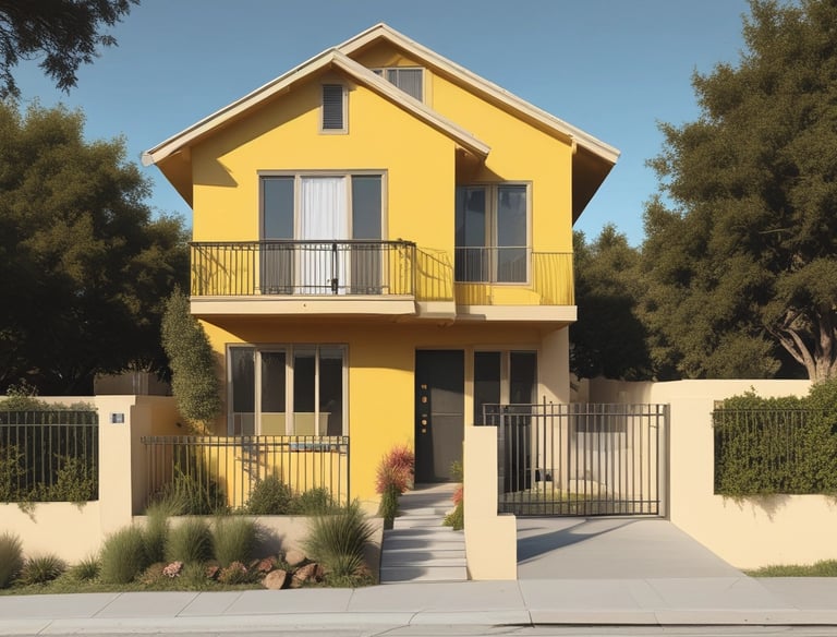 A rental business with a prominent yellow sign displaying the name 'Sun Rental Center' is featured. The building’s exterior wall is painted yellow, matching the sign and awning. There's a small piece of heavy machinery parked near the building, and a main road extends into the distance on the right side of the image with a few vehicles.