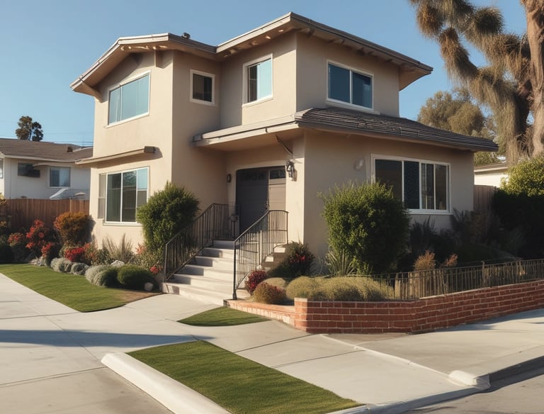 A rental business with a prominent yellow sign displaying the name 'Sun Rental Center' is featured. The building’s exterior wall is painted yellow, matching the sign and awning. There's a small piece of heavy machinery parked near the building, and a main road extends into the distance on the right side of the image with a few vehicles.