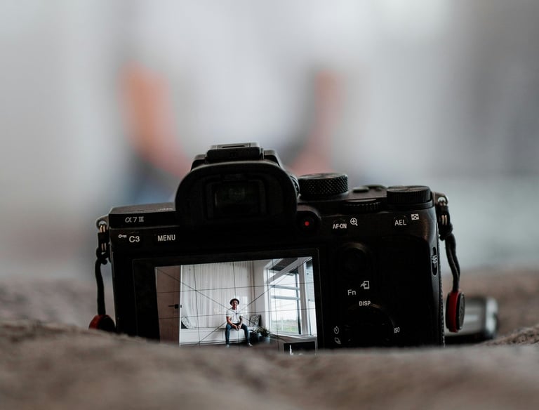 Professional photography studio setup with camera and model at Evo Space & Studio in Johns Creek, GA