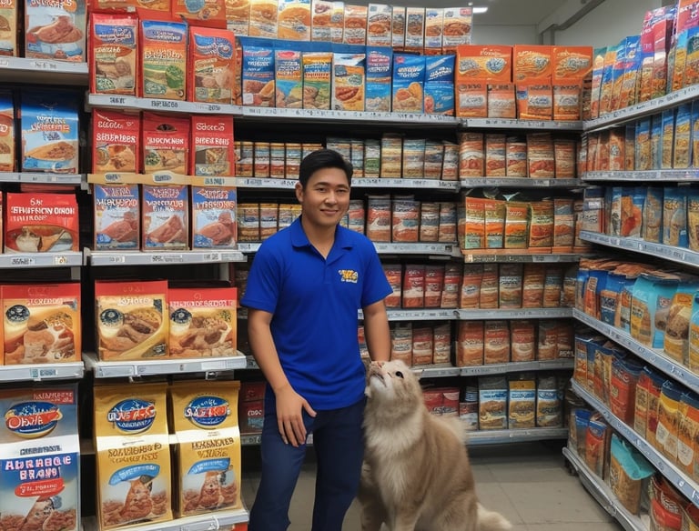 A colorful pet store section with a vibrant blue and yellow floral theme. Shelves are filled with pet party kits, grooming products, and toys. A plush cushion shaped like a flower with a smiley face is placed in the corner along with stuffed animals resembling dogs and lions. The area is labeled as 'Pet Zone' with a prominent sign.