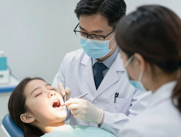 Two dental professionals perform a procedure on a patient. One is wearing specialized eyewear and is focused on using a dental instrument. The patient lies in a dental chair, wearing a protective bib.