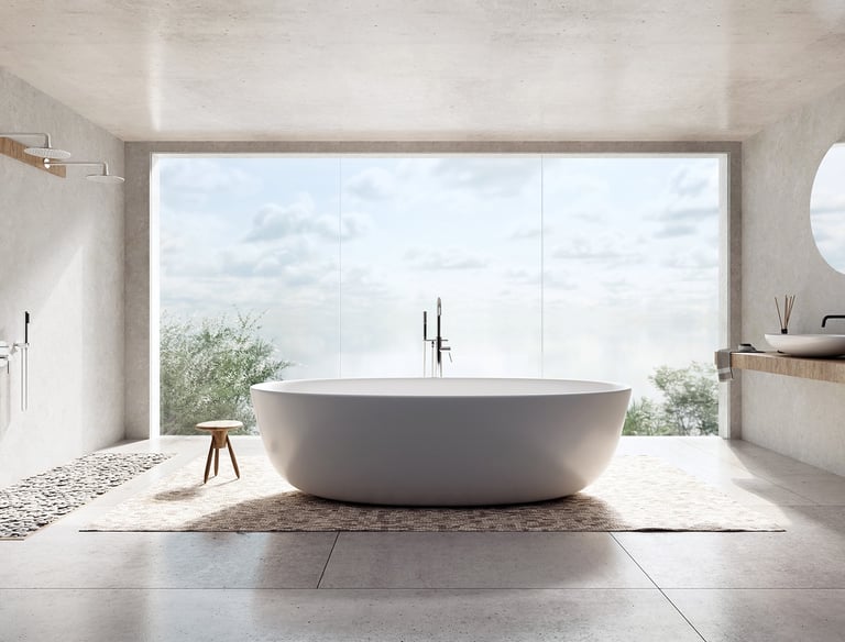 3D render of sleek modern minimalist bathroom with stone tiling